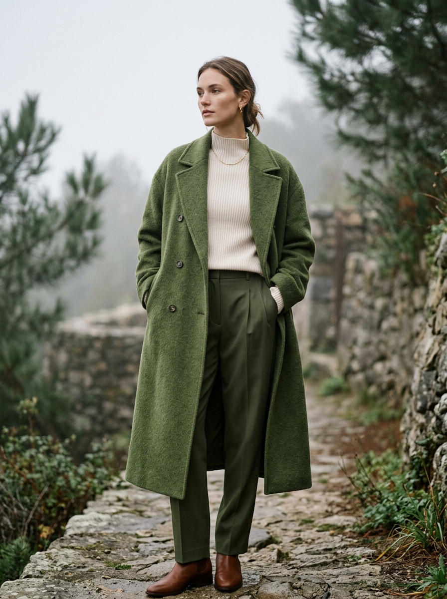 Editorial model in moss alpaca coat with ivory knitwear