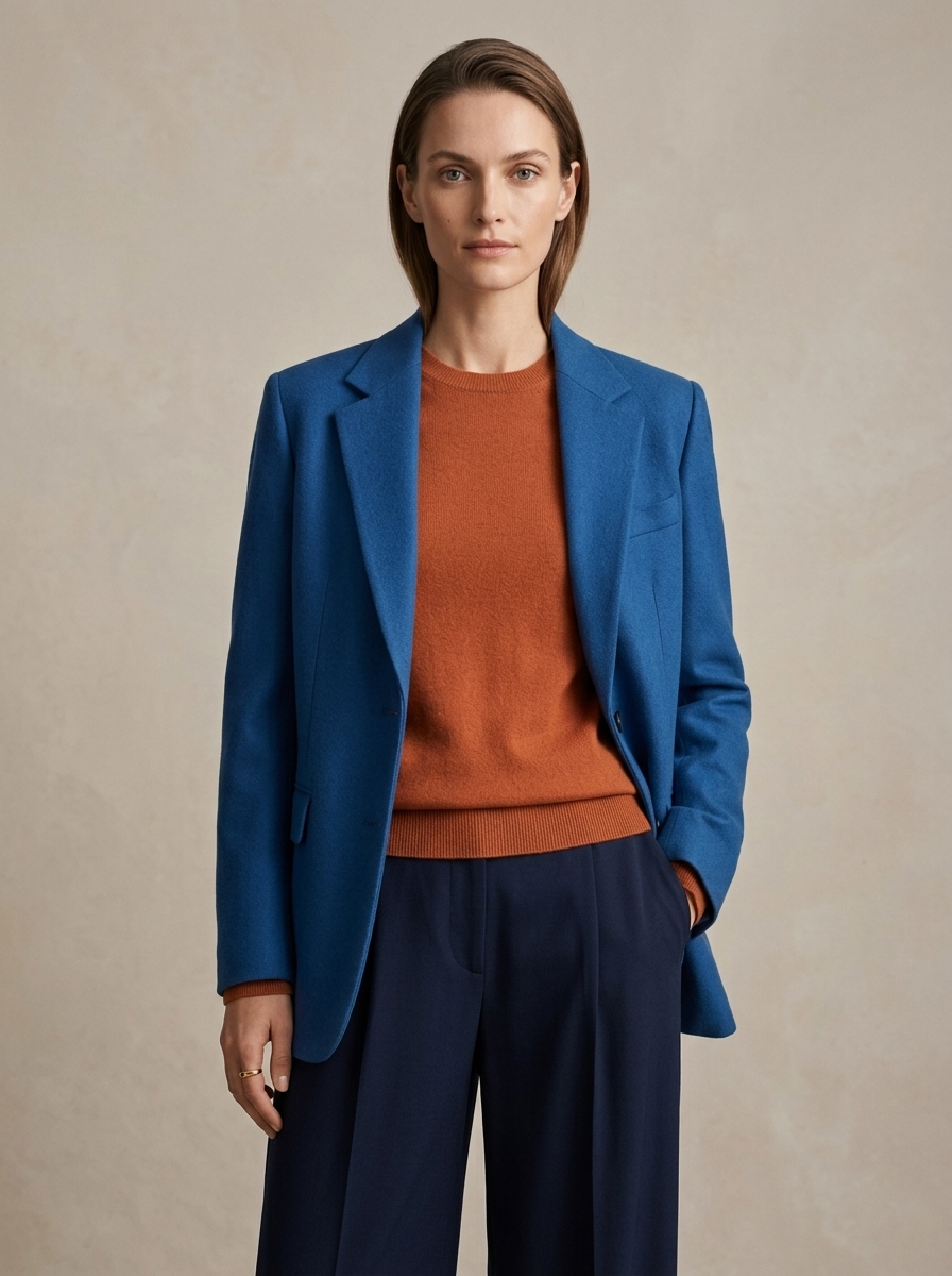 Editorial model in cerulean tailoring with terracotta knit